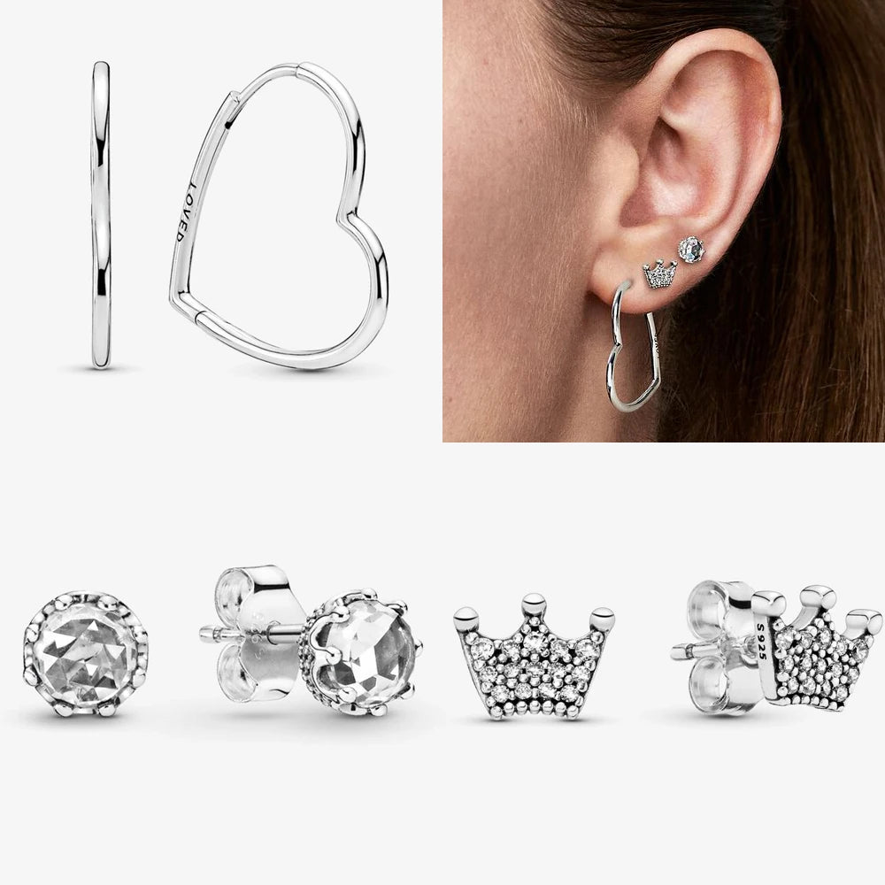 Original 925 Sterling Silver Earrings plata de ley Sparkling Love Heart Ear Studs Earrings for Women Jewelry Gifts