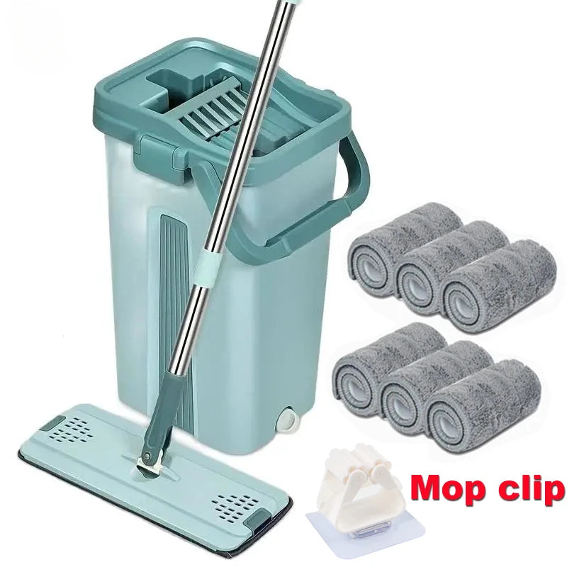 Flat Squeeze Mop with Bucket Hand Free Wringing Floor Cleaning Mop Microfiber Mop Pads Wet or Dry Usage on Hardwood Laminate