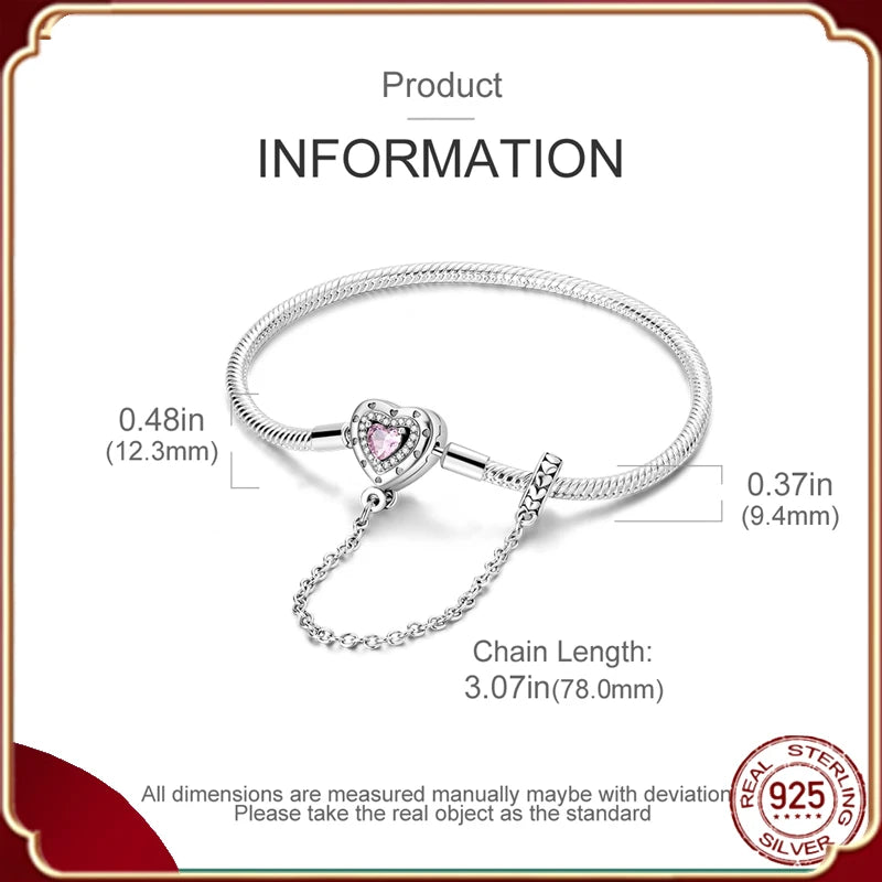 Real 100% 925 Sterling Silver 17-20CM Stars Globe Bracelets Safety Chain Love Heart Lock Womens DIY Charms Beads Jewelry Gifts