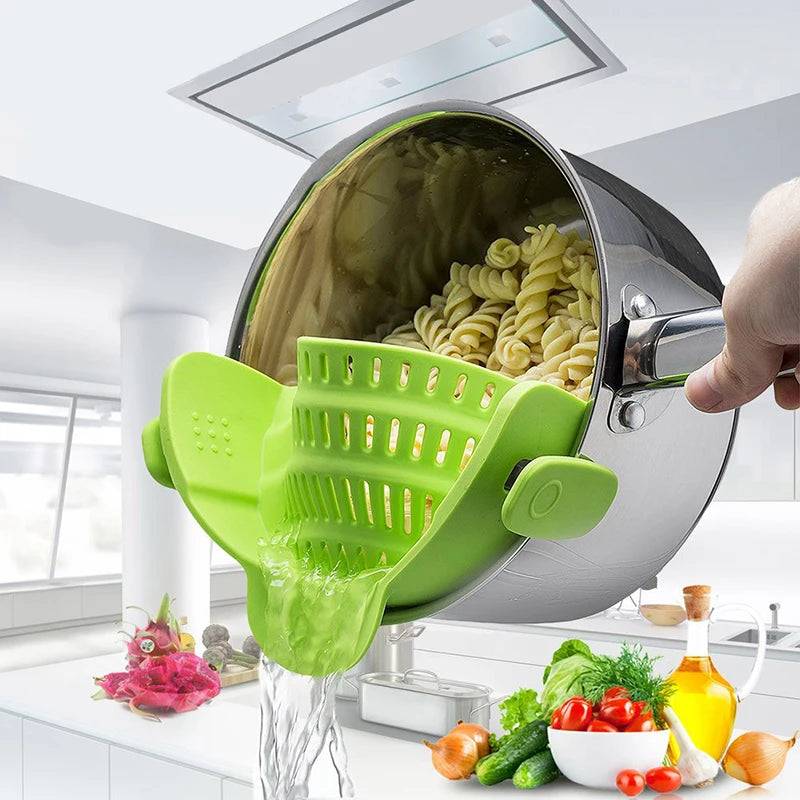 Kitchen Strainer Clip Pan Silicone Drain Rack Bowl Funnel Rice Pasta Vegetable Washing Colander Draining Excess Liquid Univers